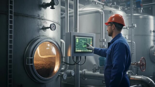 Closeup of a biogas plant worker monitoring the anaerobic digestion process turning manure into renewable energy.