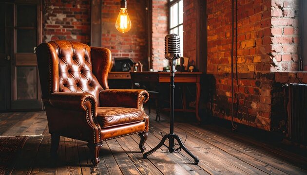 Cozy Room with Leather Chair and Microphone for Recording