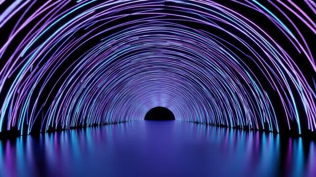 long arched tunnel glows with numerous parallel luminous purple and blue lines converging into dark opening The reflective floor mirrors the vibrant light immersive futuristic pathway