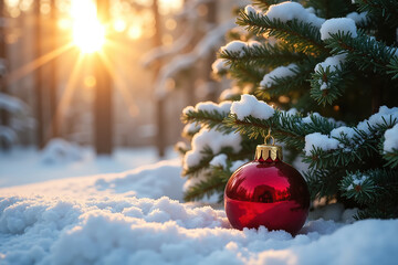 Red Christmas ornament nestled under a snowy fir branch in a serene winter forest.