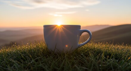 Tranquil sunrise over undulating hills with a coffee mug nestled in dewy grass providing calm and peaceful scenic