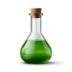 Clear glass conical flask filled with bright green liquid sealed with a natural cork stopper isolated on white