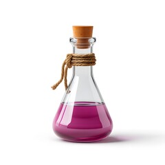Glass flask filled with vibrant magenta liquid sealed with a natural cork stopper wrapped in rustic twine