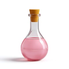Round bottom clear glass flask containing a vibrant pink liquid sealed with a yellow cork stopper Isolated on white