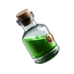 Tilted glass bottle contains bright green liquid with bubbles A cork stopper seals it and a golden medallion with a