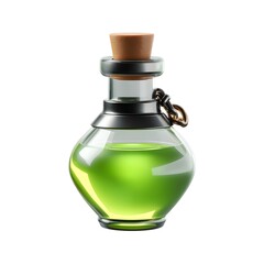 Stylized 3D glass bottle with vibrant green liquid a cork stopper metallic silver neck band and small gold ring