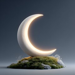 A luminous white crescent moon with a textured surface glows resting on a small grassy mound with grey rocks