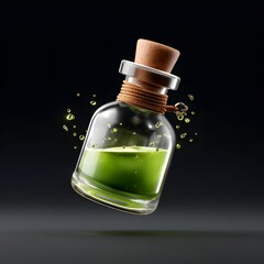 Glass bottle corked and tied with twine holds vibrant green liquid Floating droplets surround it on a dark background