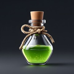 Clear glass bottle with cork stopper tied with rustic rope holding bubbling green liquid on a dark background