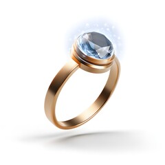 A shimmering golden ring with a large faceted blue jewel and subtle glowing sparkles isolated on white
