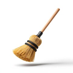 A classic corn broom with a light wooden handle and tightly bound yellow bristles floating on a clean white background