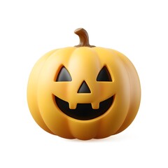 Vibrantly orange 3D rendered Halloween Jack o' lantern with a carved smiling face isolated on a pure white background