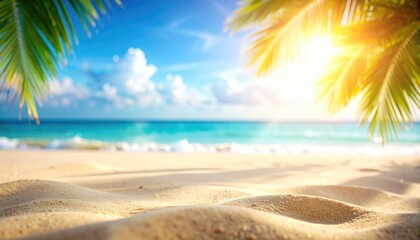 Sunny Beach Paradise with Golden Sand Turquoise Water and Palm Trees Under a Bright Sun Clear Blue Sky Holiday Vacation Tropical Background