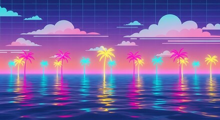 Vaporwave beach landscape with neon palm trees against a retro grid and dreamy sunset, evoking a nostalgic and serene