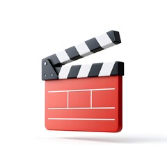 A vibrant red 3D clapperboard with classic black and white stripes subtly open on a pure white background