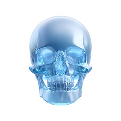3D rendered transparent blue human skull resembling clear glass or crystal isolated against a pure white background