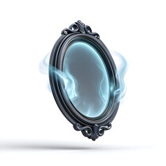 Ornate oval mirror with dark frame emitting bright blue ethereal glow and wisps of smoke on white background