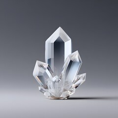 A brilliant clear quartz crystal cluster with sharp facets and luminous reflections set on a plain gray background