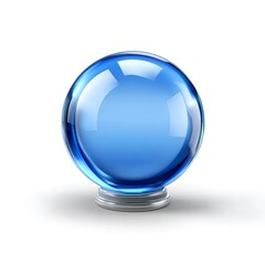 A glossy blue translucent glass sphere rests on a shiny metallic silver base isolated against a pure white background