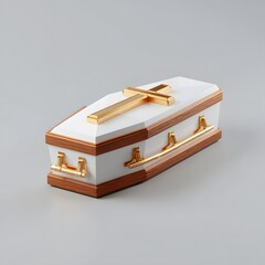 White coffin with shiny gold cross and handles on a grey studio background A solemn religious funeral concept