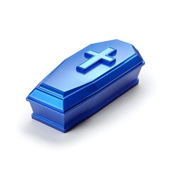 Vibrant blue metallic coffin with an embossed Christian cross centered on its lid isolated on white