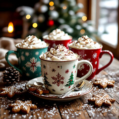 “Festive holiday hot chocolate mugs with whipped cream, gingerbread cookies, and Christmas tree lights in a cozy winter setting”