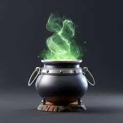 Black metal cauldron with glowing green smoke and sparks rising from its opening resting on a rustic wooden base