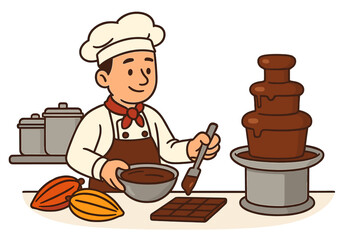 Chocolatier at work. Pastry chef making handmade chocolate. Confectioner in kitchen with chocolate fountain, cacao pods, cocoa. Gourmet dessert production process. Candy factory.