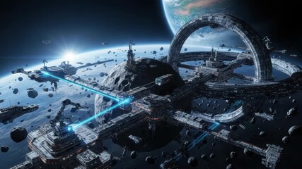 vast modular space station with massive orbital ring anchors an asteroid field Blue energy beams connect its segments; spacecraft navigate near vibrant gas giant under bright suns glow - Powered by Adobe