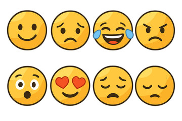 Fototapeta premium Emoji set vector illustration. Emoticon face collection. Cute cartoon character icon with various emotions. Happy, sad, angry, love, laugh, surprised. Mood expression symbol.