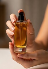 Woman applying elegant fragrance from bottle onto her skin for perfuming