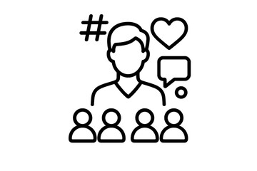 Social media influencer and followers community line icon. Digital marketing, brand ambassador, and audience engagement concept. Vector for user network, likes, comments, hashtag.