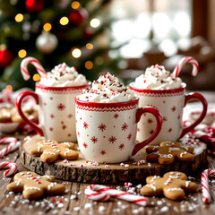 Festive Peppermint Hot Chocolate Mugs with Hearts, Gingerbread, and Christmas Tree.