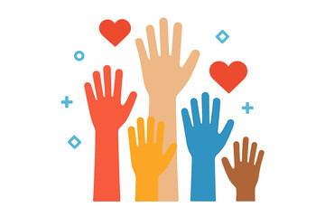 Raised hands for volunteering and charity. Diverse community together showing support, love, and hope. Vector illustration for social work, donation, teamwork and unity concept.