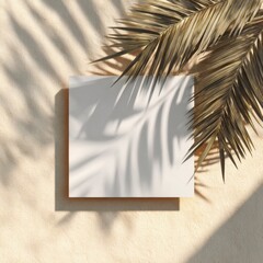 Minimalist composition a blank white card is overlaid with a palm leaf casting shadows on sand