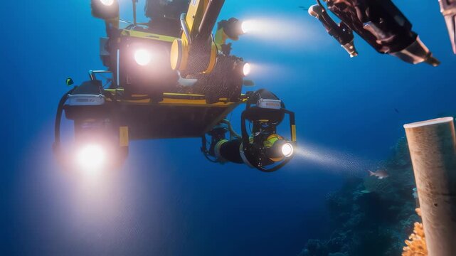 Close medium shot of a remotely operated vehicle stabilizing while collecting precise mineral core samples in deep ocean conditions.