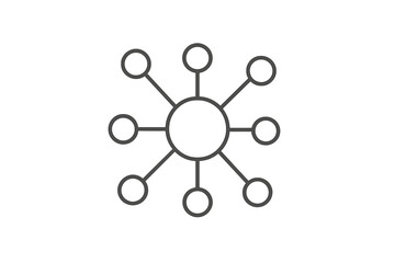 Hub and spoke model icon. Concept of viral marketing, word of mouth, and information spread. Thin line symbol for network, connection, communication, distribution, and teamwork.