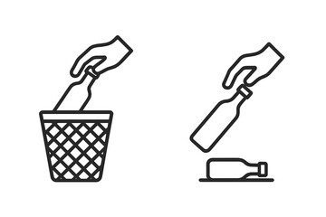 Recycling and littering vector line icon set. Hand throwing bottle in trash can and on the floor. Correct disposal vs pollution. Waste management and environment concept.