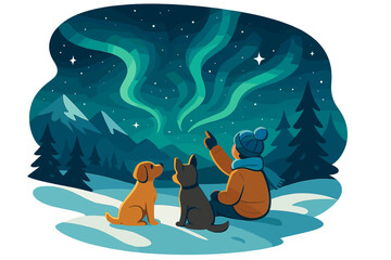 Man and dogs watching the northern lights. Winter stargazing in a snowy mountain landscape. Vector illustration of the aurora borealis. Magical night sky and adventure concept.