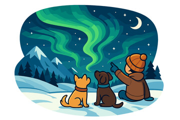 Child and two dogs stargazing at the Northern Lights in a winter mountain landscape. Vector cartoon illustration of aurora borealis, snow, and the night sky. Friendship concept.