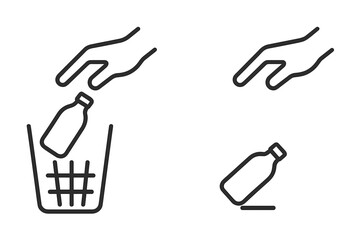 Obraz premium Recycle vs Littering concept. Hand throwing bottle in trash bin and on floor. Waste sorting and disposal icon set. Environmental pollution and protection. Linear vector.