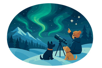 Winter stargazing adventure with dogs. Person with telescope watching northern lights. Aurora borealis in night sky over snowy mountains. Vector cartoon landscape illustration.