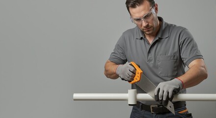 A professional worker in safety glasses cuts a pvc pipe with a handsaw. Handyman doing plumbing or construction work. DIY home improvement concept with copy space.