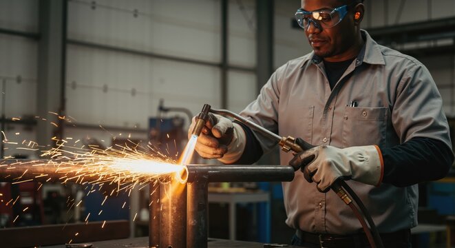 Skilled metalworker cutting a steel pipe with a torch in an industrial workshop. African American welder creating sparks during fabrication. Manufacturing and craftsmanship concept.