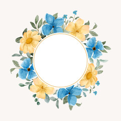 yellow and blue watercolor flower arrangement with round frame