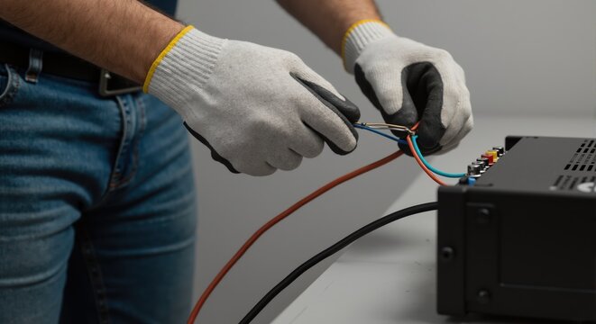 Technician in protective gloves wiring electronic equipment. Close-up of an electrician connecting cables. Installation and repair service concept.