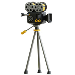 Retro Style Film Camera Isolated on Transparent Background Black and Yellow Movie Camera on Tripod with Silver Accents 3D Render