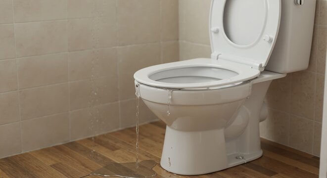 Leaking toilet overflowing with water in a bathroom. Plumbing problem causing water damage to the floor. Household emergency and home repair concept.