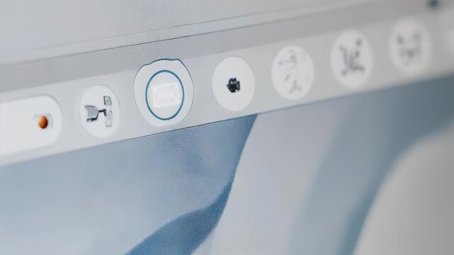 Close-up of a computer screen, with icons, featuring an email icon. The color palette is cool tones