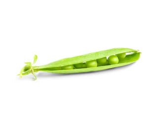 Green pea pod on white background